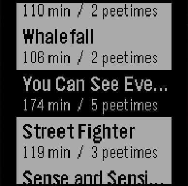 RunPee on a Pebble: the list of movies in theaters, each with its runtime and number of Peetimes