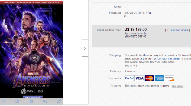 ebay endgame ticket price screenshot of almost ten thousand dollars - sold!
